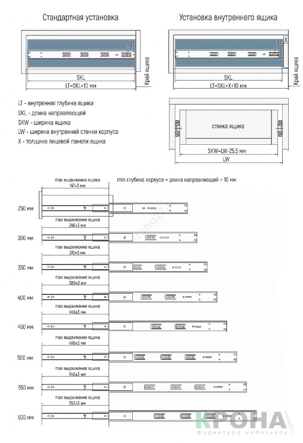Шариковые направляющие с доводчиком h45мм (чертеж, размеры, пример установки)